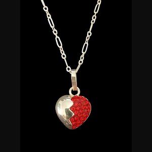 925 Sterling Silver Red Enamel Rhinestone Heart Pendant Necklace 17.5"
